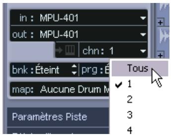 STEINBERG CUBASE SX - Réglage du canal et de la sortie MIDI dans la liste des pistes - 2
