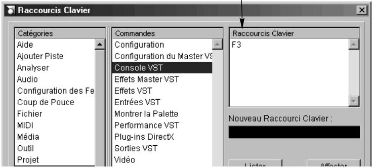 STEINBERG NUENDO - Dans la liste Commandes, CHOISSEZ I'option à laquelle vous poulez assigner un raccourci clavier. - 1