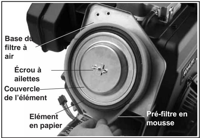 Base du filtre à air Écrou à ailettes Couvercle de l'élément Elément en papier Pré-filtre en mousse