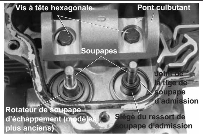 Vis à tête hexagonale Pont culbutant Soupapes Joint de la tige de soupape d'admission Rotateur de soupape d'échappement (modèles plus anciens) Siège du ressort de soupape d'admission