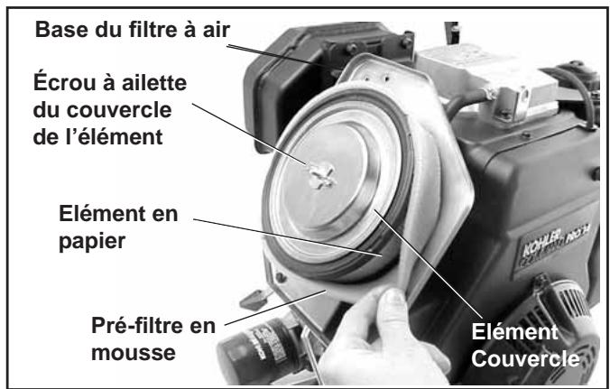 Base du filtre à air Écrou à ailette du couvercle de l'élément Elément en papier Pré-filtre en mousse Elément Couvercle