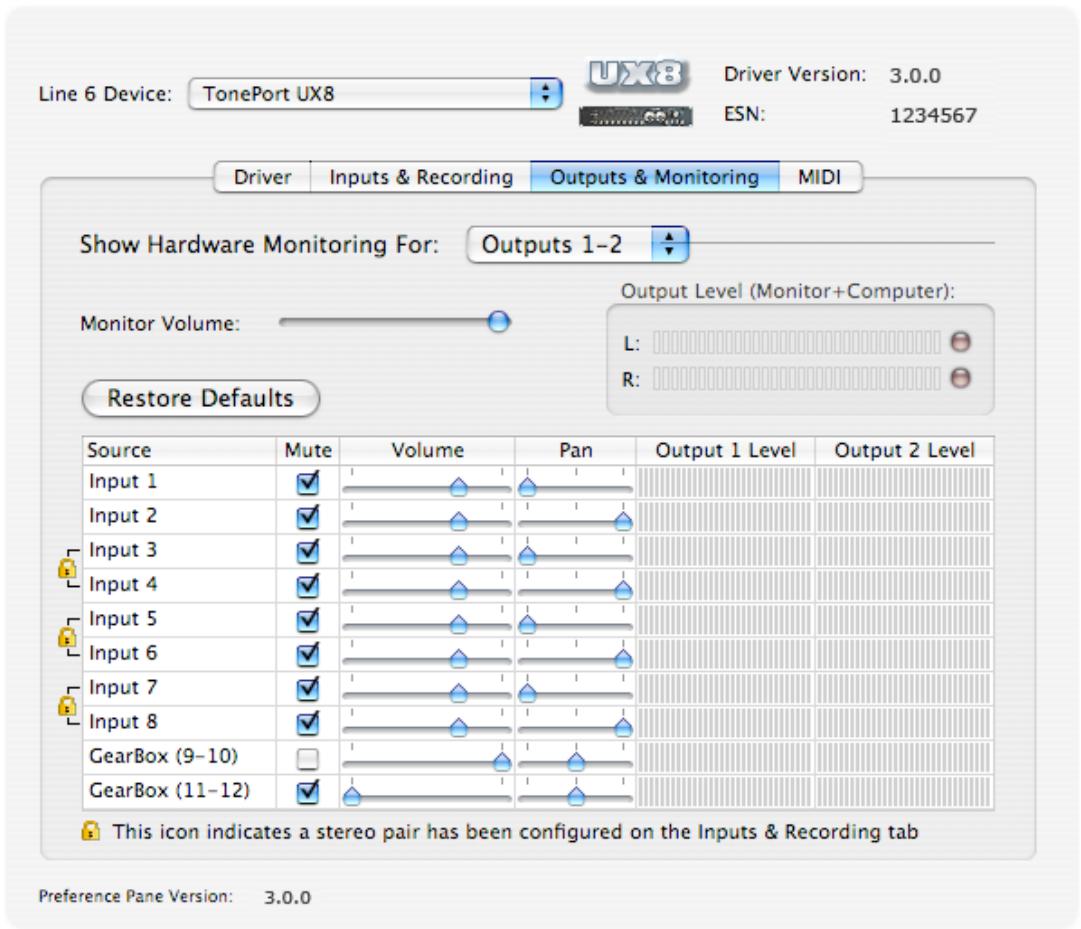 LINE 6 GEARBOX 3.5 - Outputs & monitoring tab (uniquement pour la TonePort UX8) - 1