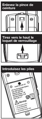Enlevez la pince de ceinture Tirez vers le haut le loquet de verrouillage Introduisez les piles