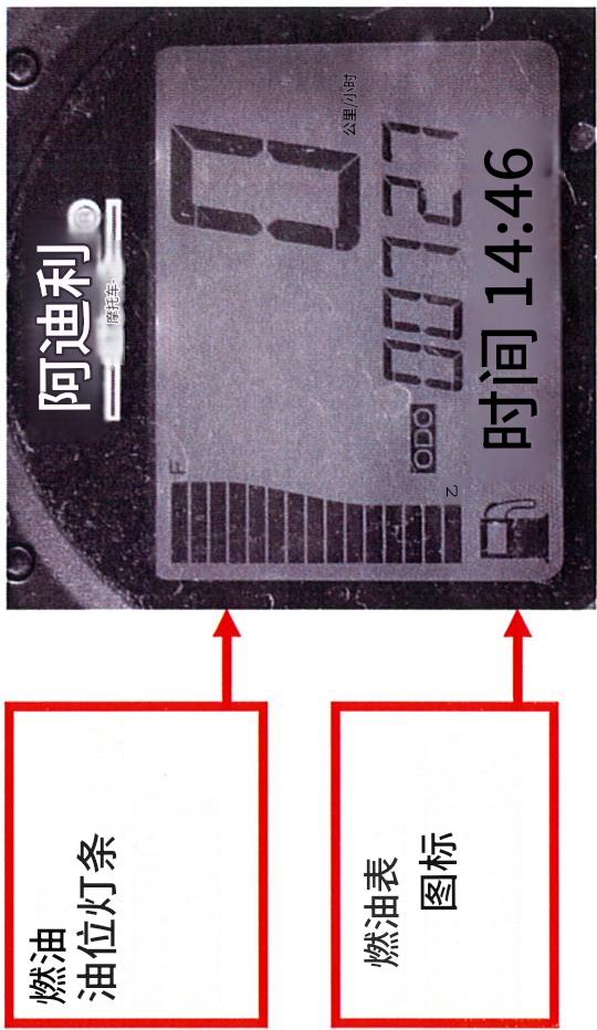 燃油液位条形图 燃油表图标 ADLY® 摩托车 E 0 KM/H ODO 00727 E TIME 14:46