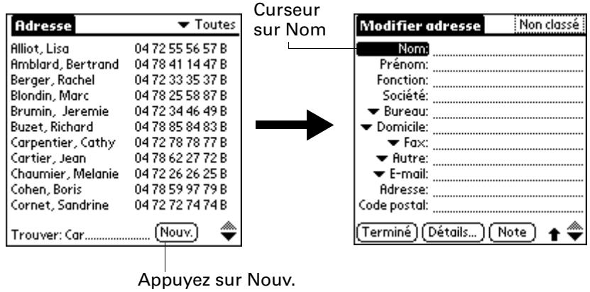 PALM M100 - Pour créer une nouvelle entrée dans l'application adresses : - 1