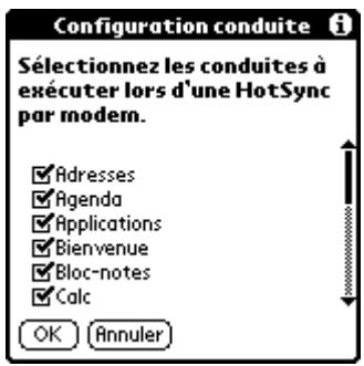 PALM M100 - Sélection des conduites pour une opération hotsync par modem - 1