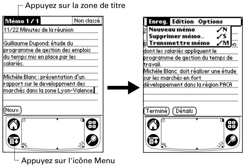 PALM M100 - Pour ouvrir la barre de menus : - 1