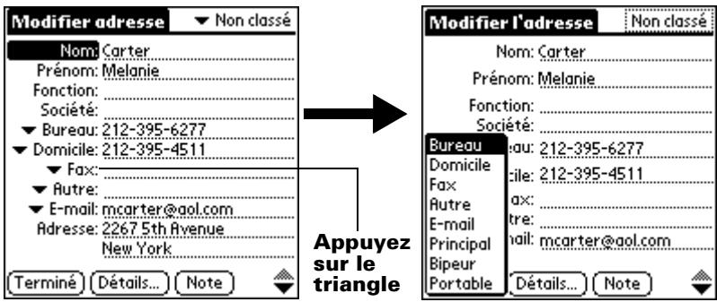 PALM M500 - Pour désirer un autre type de numéro de téléphone pour une entrée : - 1