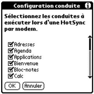 PALM M500 - Pour changer la configuration de la conduite pour une opération hotsync par modem : - 1