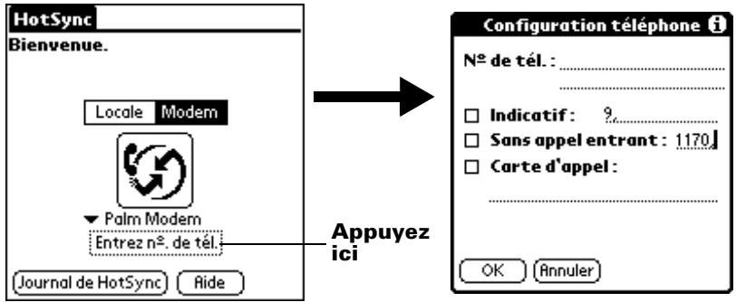 PALM M500 - Pour préparer votre ordinateur de poche en vue d'une opération hotsync par modem : - 2