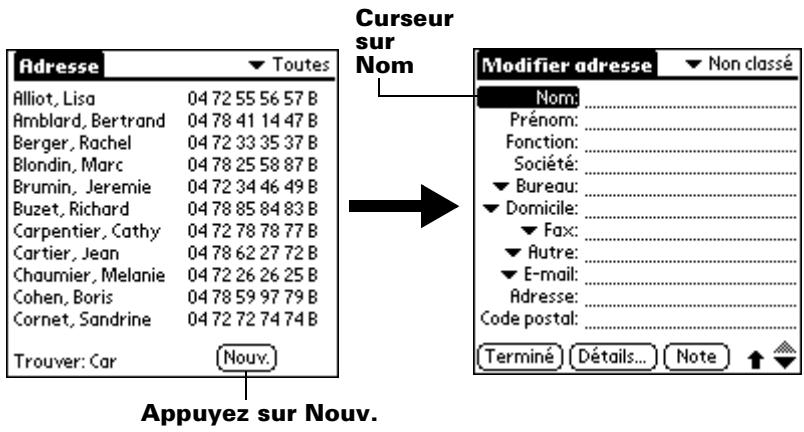 PALM M515 - Pour créer une nouvelle entrée de l'application adresses : - 1