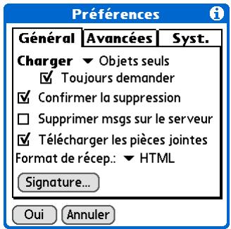 PALM TUNGSTEN T5 - Configuration des préférences de téléchargement, d'envoi et de suppression pour les e-mails - 3