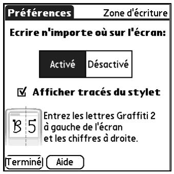 PALM TUNGSTENT E - Pour activer et désactiver les préférences de la zone d'écriture : - 1