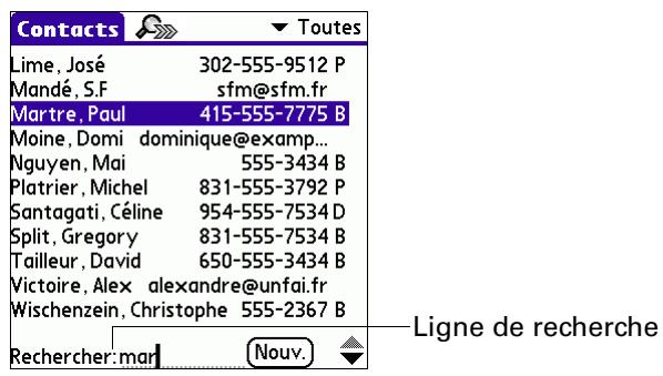 PALM TUNGSTENT E - Pour rechercher un enregistrement dans contacts avec le stylet : - 1