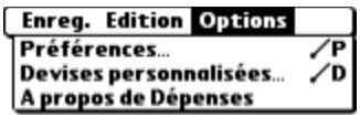 PALM ZIRE 71 - Utilisation des menus de l'application dépenses - 2