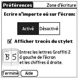 PALM ZIRE 71 - Pour activer et désactiver les préférences de la zone d'écriture : - 1