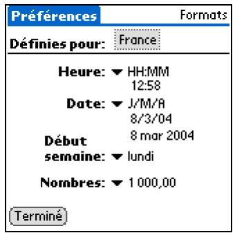 PALM TUNGSTEN T5 - Sélection des formats pour les dates, les heures et les chiffres - 2