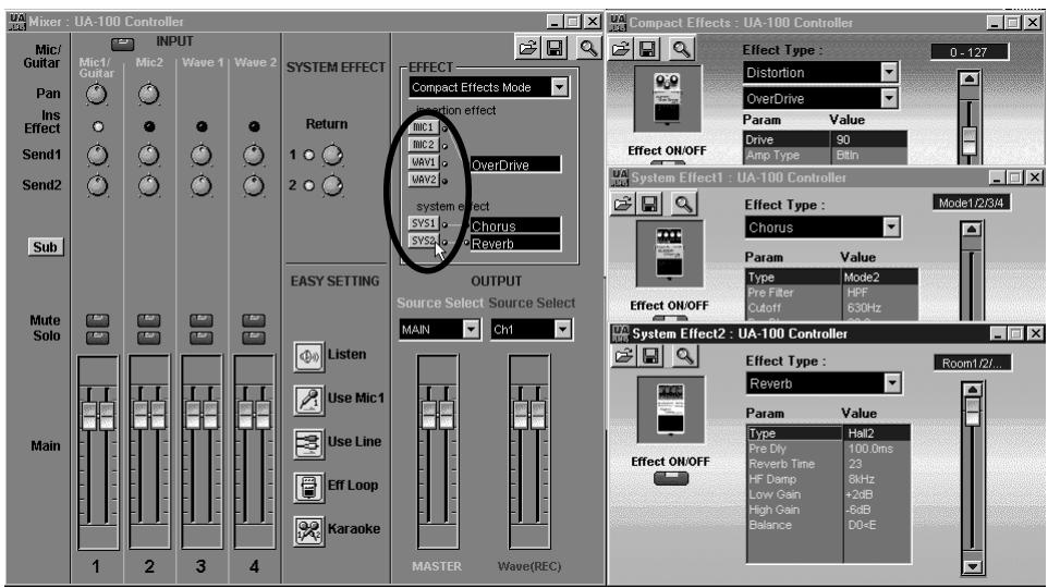 EDIROL UA-100 - Sélection du signal à envoyer dans l'effet (Effect Source) - 1
