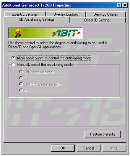 ABIT GF3 TI200 - Réglage de l'AntialIASing 3D (3D AntialIASing Settings): - 1