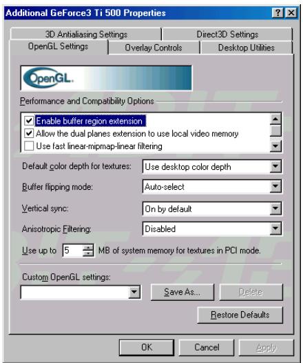 ABIT GF3 TI500 - Réglage OpenGL (OpenGL Settings): - 1