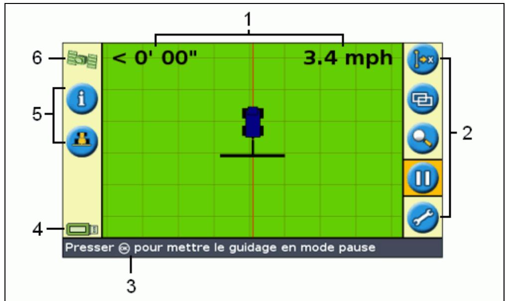 TRIMBLE EZ GUIDE 250 - Éléments de l'écran de guidance principal - 1