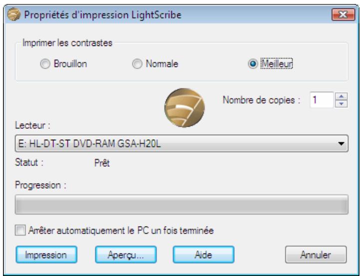 NERO COVERDESIGNER - Fenêtre Propriétés d'impression LightScribe - 1