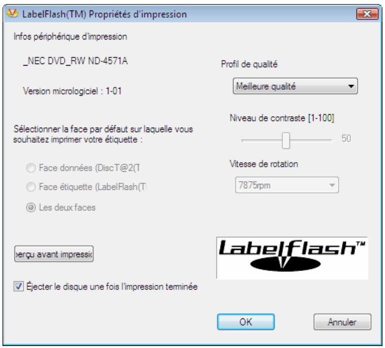 NERO COVERDESIGNER - Fenêtre LabelFlash™ Propriétés d'impression - 1