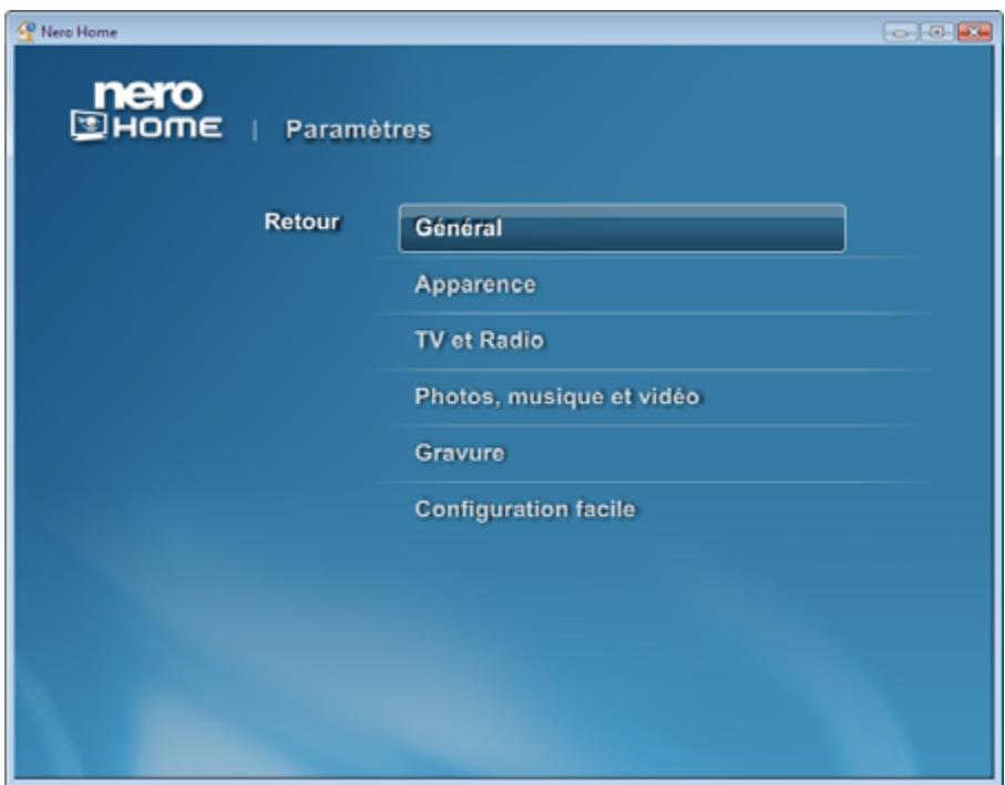 NERO HOME - Ecran principal Paramètres - 1