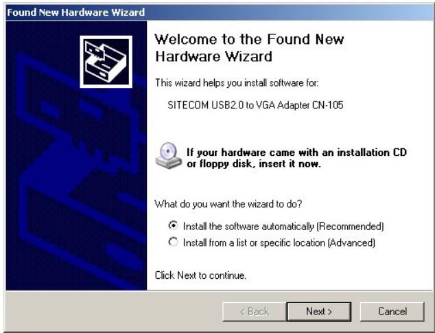 SITECOM CN-105 USB2.0 VGA-ADAPTER - Installation du matériel sous Windows XP - 1