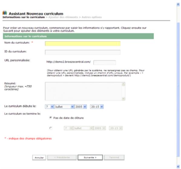 MACROMEDIA BREEZE MANAGER 5 - Saisie des informations relatives à un nouveau curriculum - 1