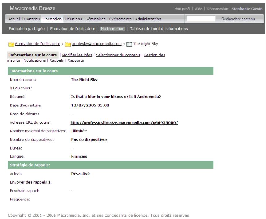 MACROMEDIA BREEZE MANAGER 5 - Affichage des informations sur le cours - 1