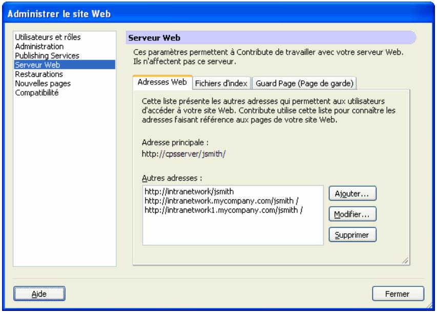 MACROMEDIA CONTRIBUTE 3-UTILISATION ET ADMINISTRATION DE CONTRIBUTE - Pour spécifier une autre adresse de site Web pour un site Web : - 1