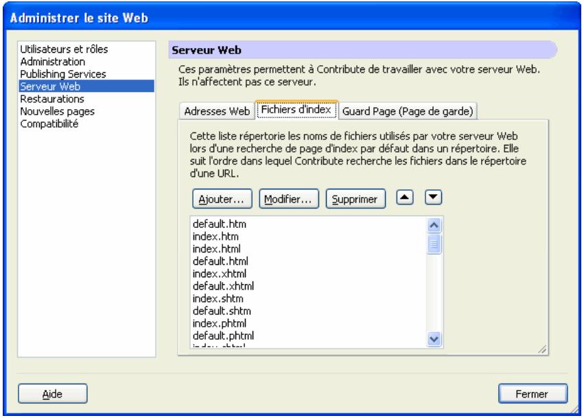MACROMEDIA CONTRIBUTE 3-UTILISATION ET ADMINISTRATION DE CONTRIBUTE - Pour ajouter un nom de fichier d'index : - 1