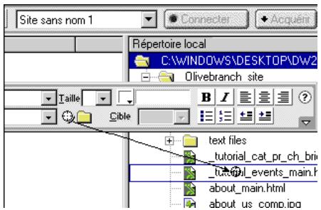 MACROMEDIA DREAMWEAVER 2-UTILISATION DE DREAMWEAVER - Pour étabir un lien vers un document à l'aide de l'icone Pointer vers un fichier dans l'inspecteur de propriétés : - 1