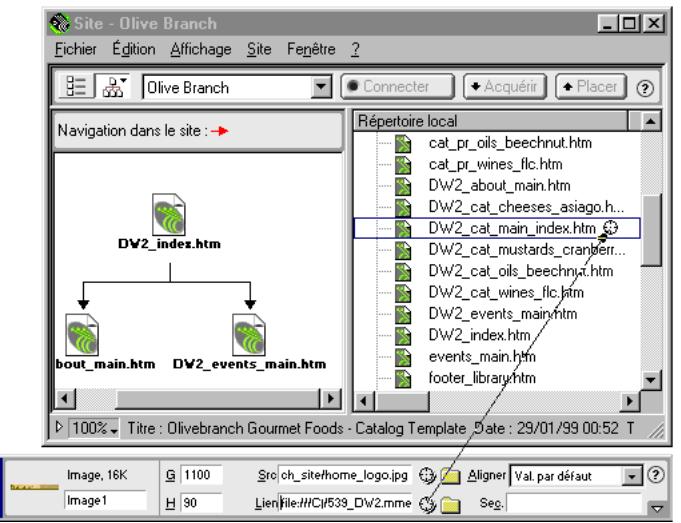 MACROMEDIA DREAMWEAVER 2-UTILISATION DE DREAMWEAVER - Pour creer un lien à l'aide de l'inspecteur de propriétés et de la fenetre du site : - 2