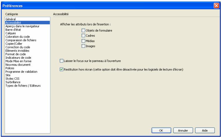 MACROMEDIA DREAMWEAVER 8-UTILISATION DE DREAMWEAVER - Pour activer les boîtes de dialogue accessibilité : - 1