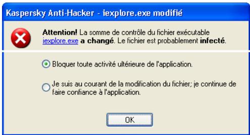 KASPERSKY ANTI-HACKER 1.8 - Avertissement de remplacement d'un module executable - 1