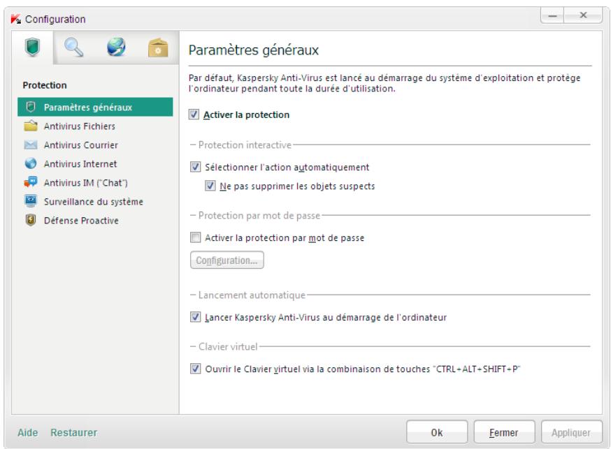 KASPERSKY ANTI-VIRUS 2012 - FENETRE DE CONFIGURATION DES PARAMETRES DE L'APPLICATION - 1
