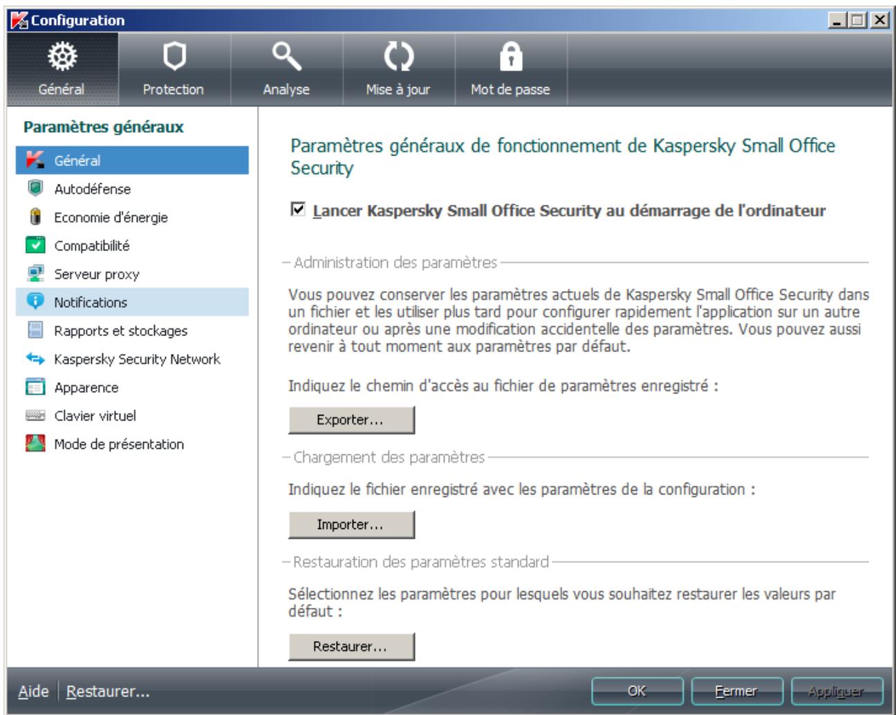 KASPERSKY SMALL OFFICE SECURITY 2 - FENETRE DE CONFIGURATION DES PARAMETRES DE L'APPLICATION - 1