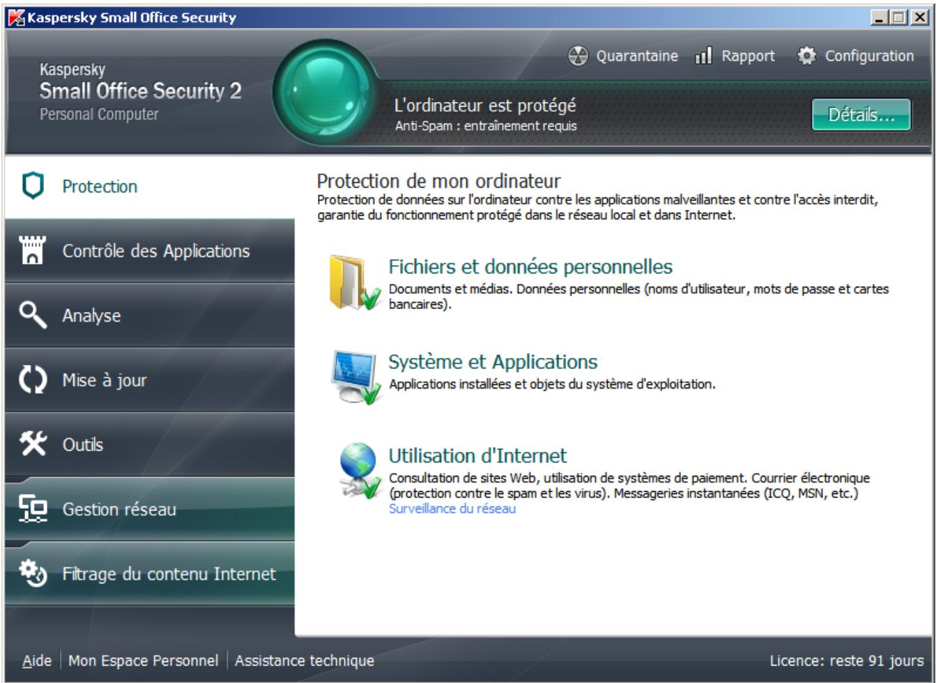KASPERSKY SMALL OFFICE SECURITY 2 - FENETRE PRINCIPALE DE KASPERSKY SMALL OFFICE SECURITY - 2