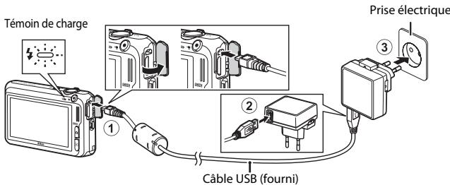 NIKON COOLPIX S6300 - Vérifiez que l'accumulateur est inséré dans l'appareil photo, puis connectez ce dernier à l'adaptateur de charge en suivant l'ordre de ① à ③. - 1