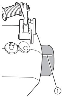 BROTHER DS-140 - Tout en tenant l'extrémité du fil supérieur, relevez l'aiguille en tournant la molette vers vous (dans le sens inverse des aiguilles d'une montre) de sorte que le repère de la molette soit orienté vers le haut ou en appuyant une ou deux fois sur (+) (touche Positionnement aiguille) (pour les modèles équipés de la touche Positionnement aiguille). - 1