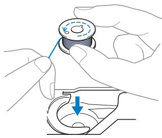 BROTHER DS 140 - Insérez la canette de la main droite de telle sorte que l'extrémité du fil se trouve à gauche, puis, après avoir tiré fermement sur le fil autour de l'ergot avec la main gauche comme illustré, tirez doucement sur le fil pour le guider dans la fente. - 1