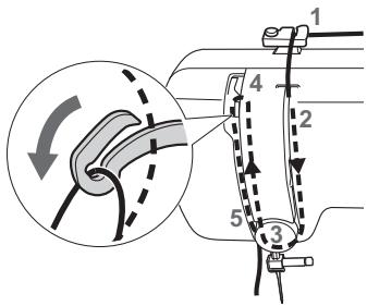 BROTHER J14S - Tout en maintenant le fil de la bobine de la main droite, faites passer le fil dans la rainure du guide-fil en le dirigeant vers vous. - 1
