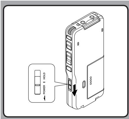 OLYMPUS DS 2500 - Glissez le commutateur POWER/HOLD dans la direction indiquée par la flèche pendant 0,5 seconde au moins. - 1
