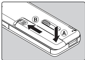 OLYMPUS WS-811 DNS - Fermez complètement le couvercle du logement de la pile en appuyant vers le bas en A puis faites glisser le couvercle dans la direction B. - 1