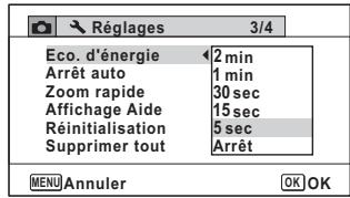 PENTAX OPTIO WG3 - Utilisez le bouton de navigation ( ) pour selectionner le laps de temps qui s'écoule avant l'activation du mode économique d'énergie. - 1