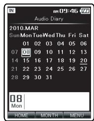 OLYMPUS DM-3 - Dans le menu [Home], selectionnez Audio Diary], puis appuyez sur la touche  OK ou  I. - 4