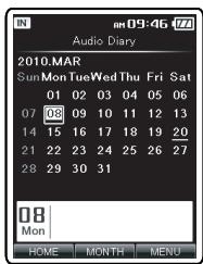 OLYMPUS DM-670 - Dans le menu [Home], selectionnez Audio Diary], puis appuyez sur la touche  OK ou  I. - 4