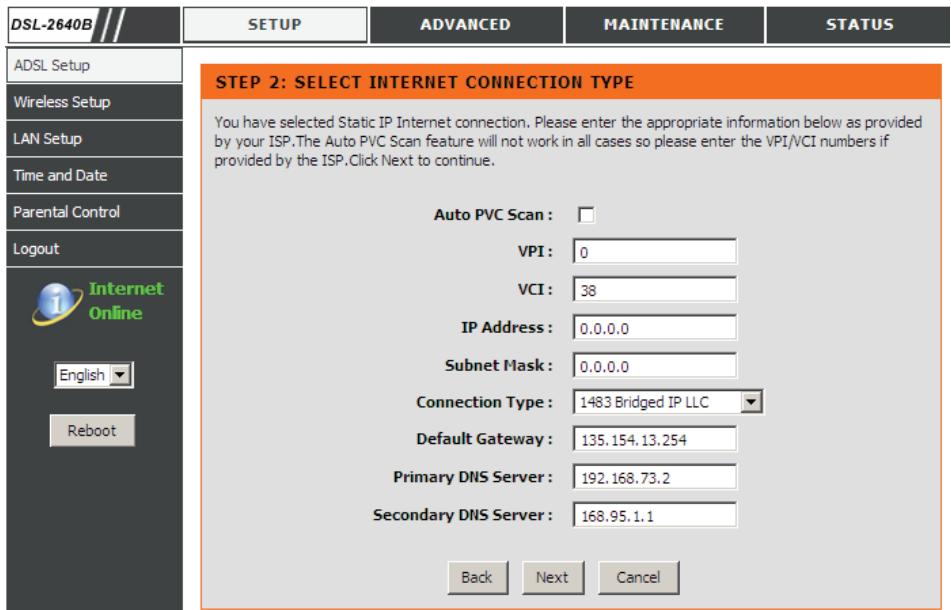 D-LINK DSL-2640B - Utilisation de l'assistant de configuration - pour connexion d'adresse IP statique - 1